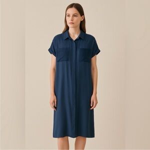 Na.Mu Silk Pockets Navy Blue Button Down Shirt Dress